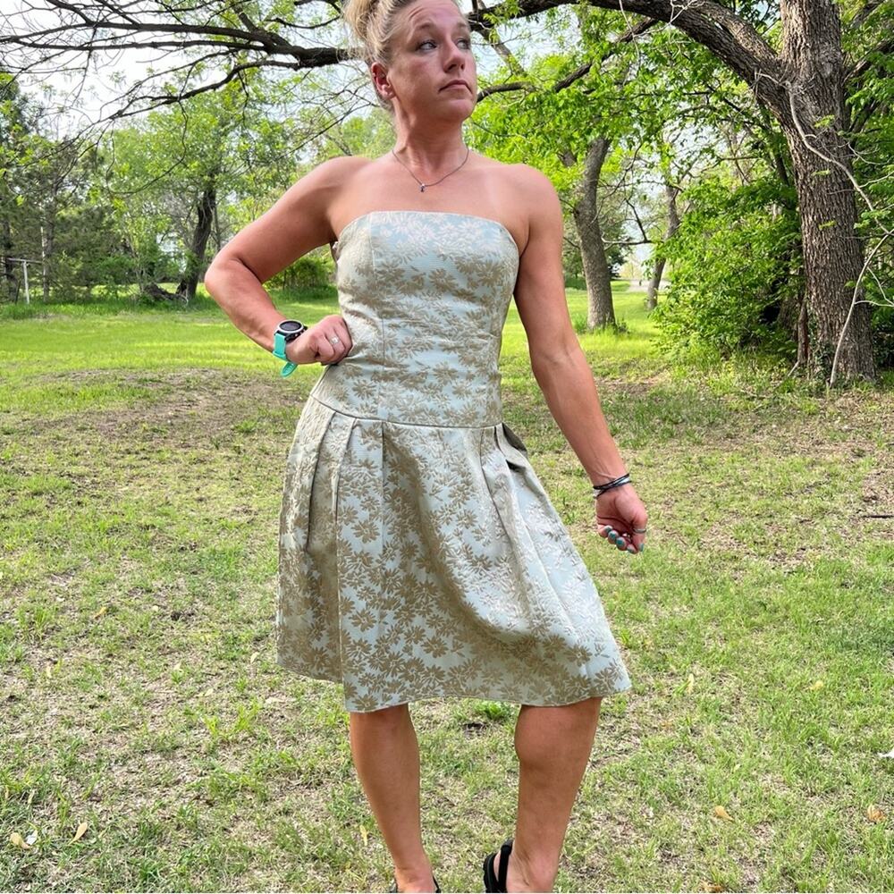 Y2K Jessica McClintock strapless gold blue foil floral pleat skirt prom dress 10